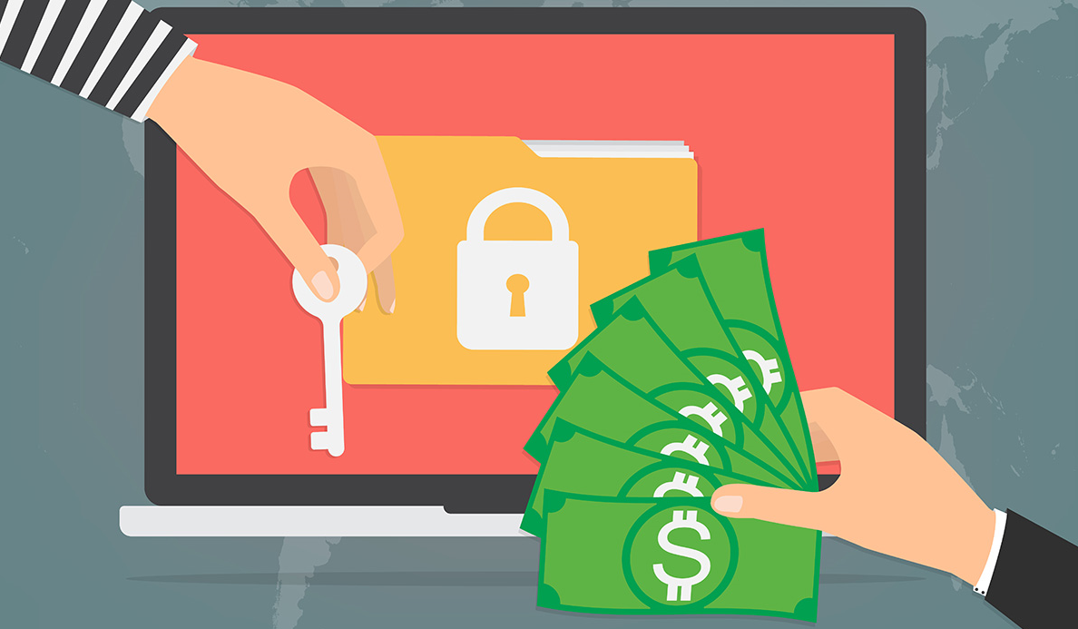 Ransomware illustration concept. Someone handing money for the key to access files that were stolen.